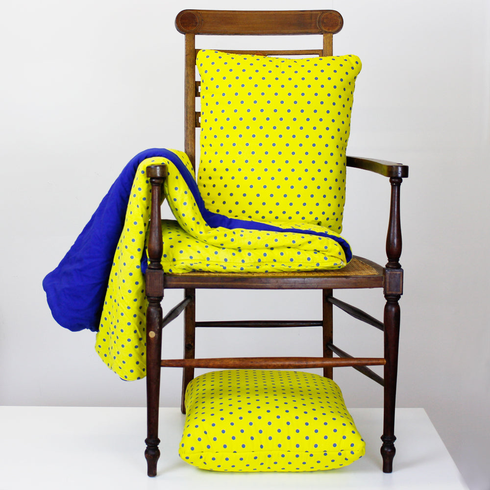 Rickshaw City Yellow Secret Pillow with GREY lining - a pillow that unfolds into a blanket