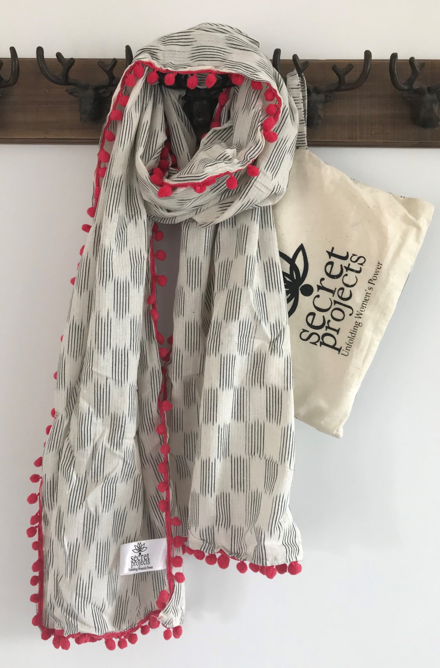 Secret Scarf, Ikkat black & white with coral pom-poms