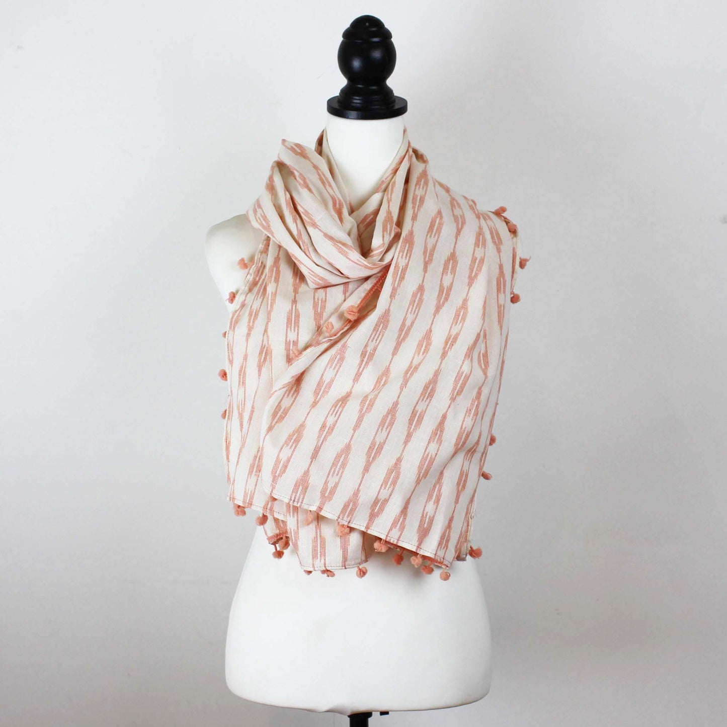 Secret Scarf, Ikkat cream & peach pom-poms
