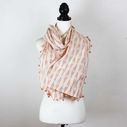 Secret Scarf, Ikkat cream & peach pom-poms
