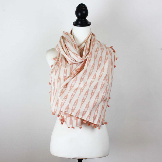 Secret Scarf, Ikkat cream & peach pom-poms