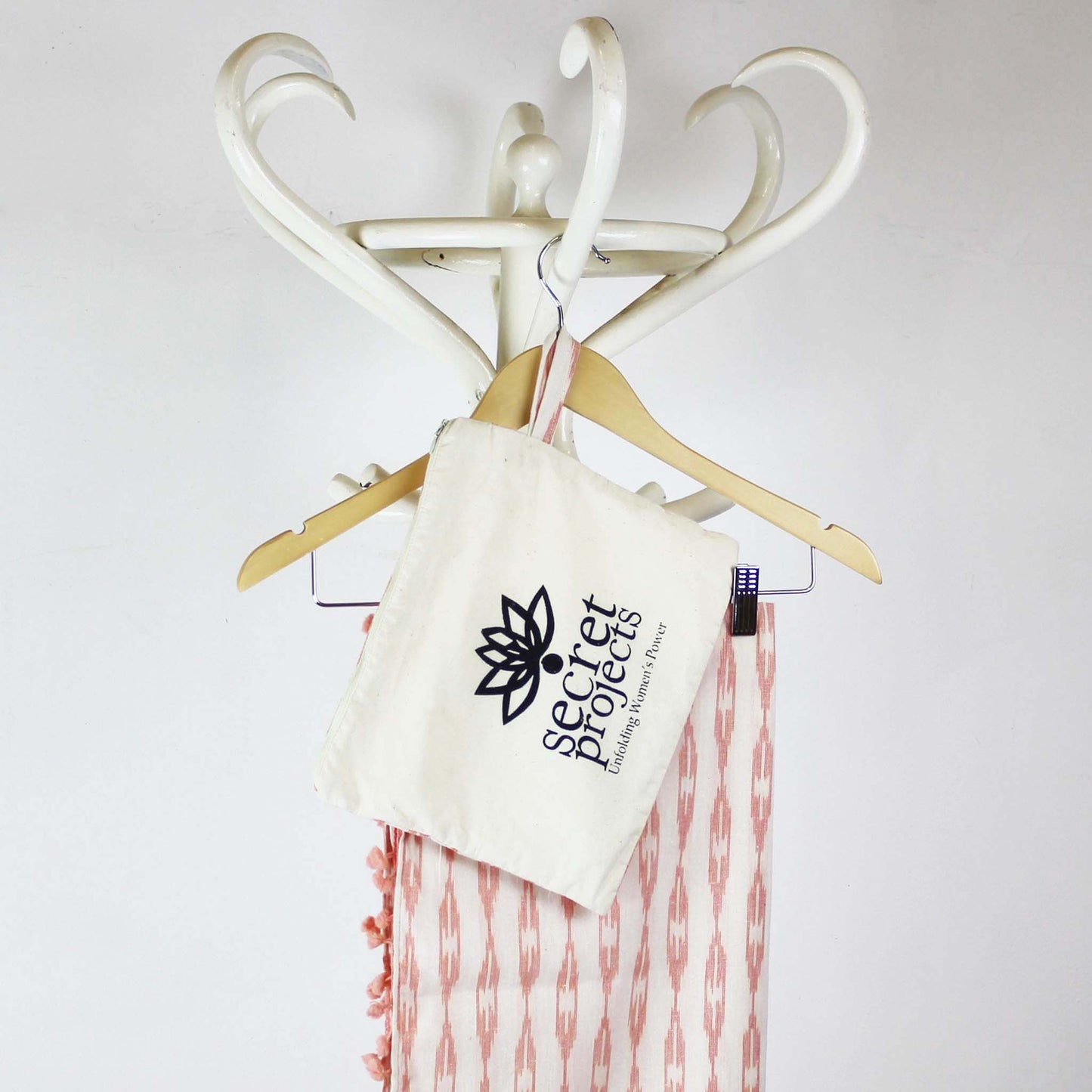 Secret Scarf, Ikkat cream & peach pom-poms